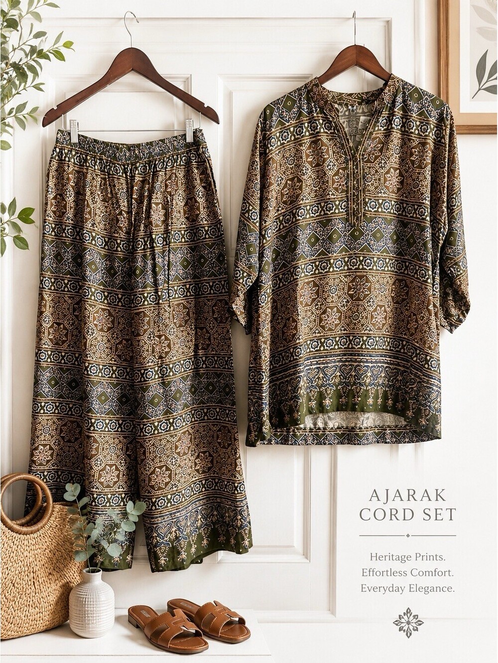 Olive Green Ajarak Women's 2pc Coed Set Size 46 Cotton Blend